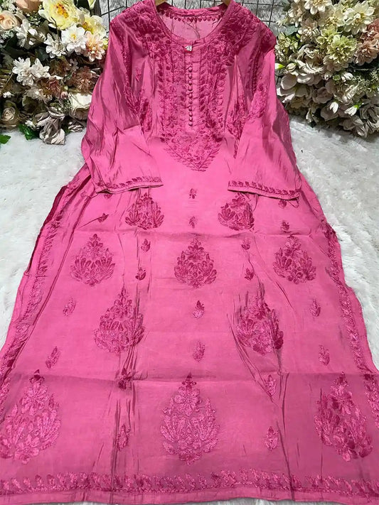 Pink Petal – Bright Pink Chanderi Kurti with Bota Work - Dniza Chikankari