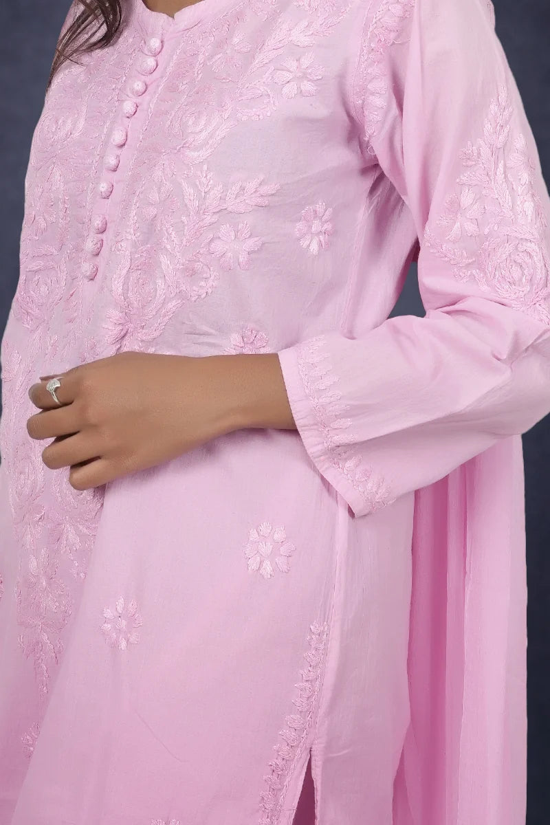 pink chikan Kurti  set