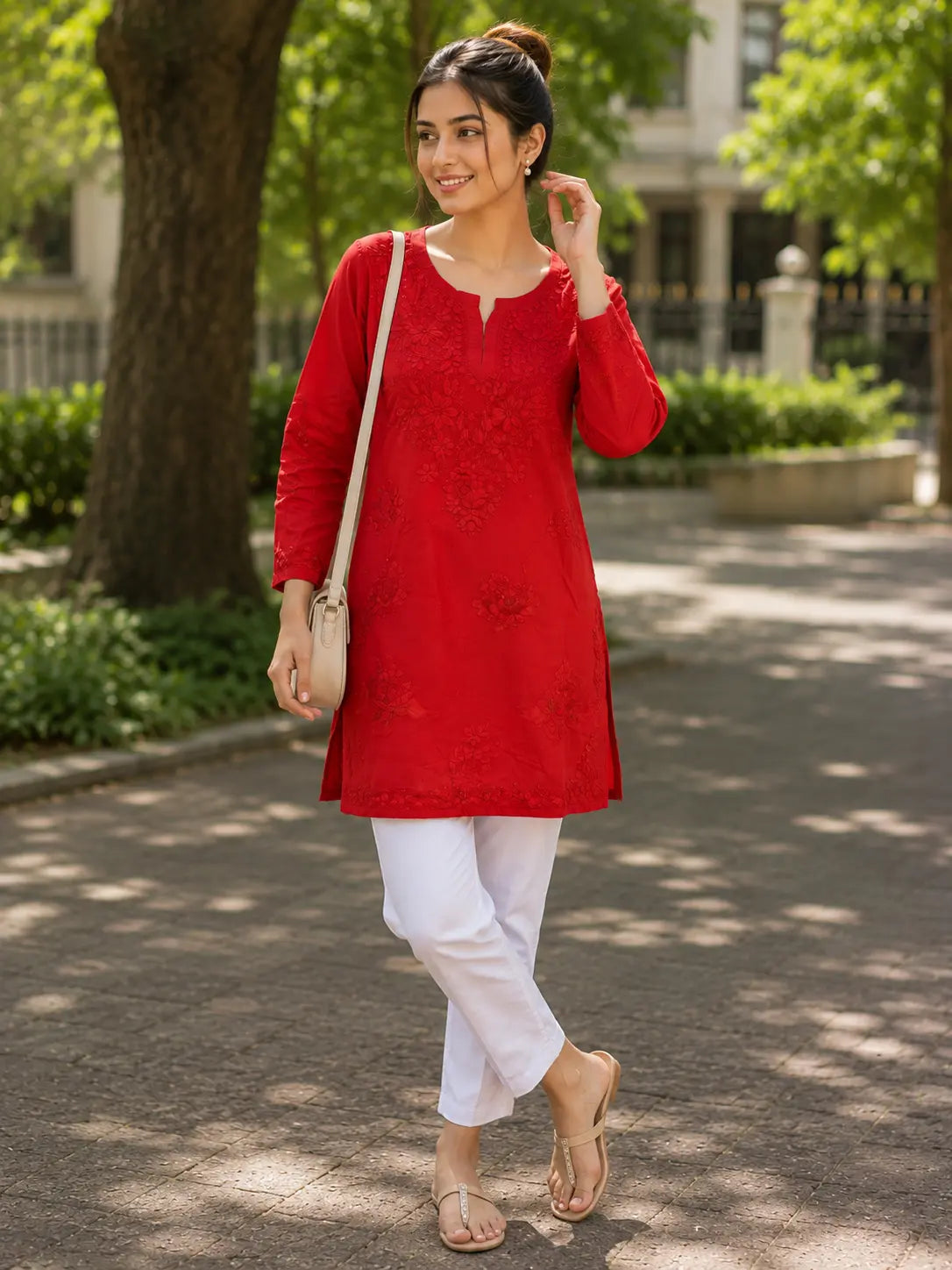 Red Bloom – Short Rayon Chikankari Kurti
