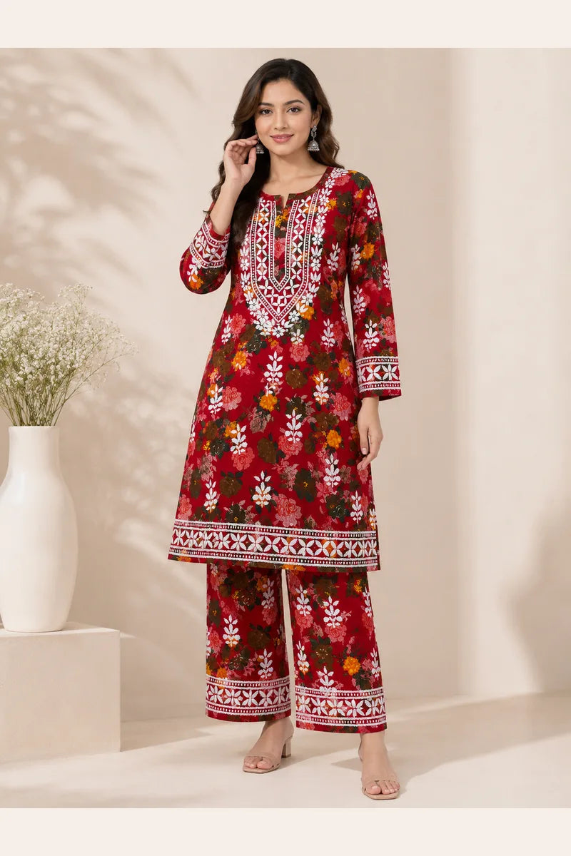 Rayon Floral Print Coord Set with Heavy Embroidery Work