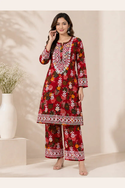Rayon Floral Print Coord Set with Heavy Embroidery Work