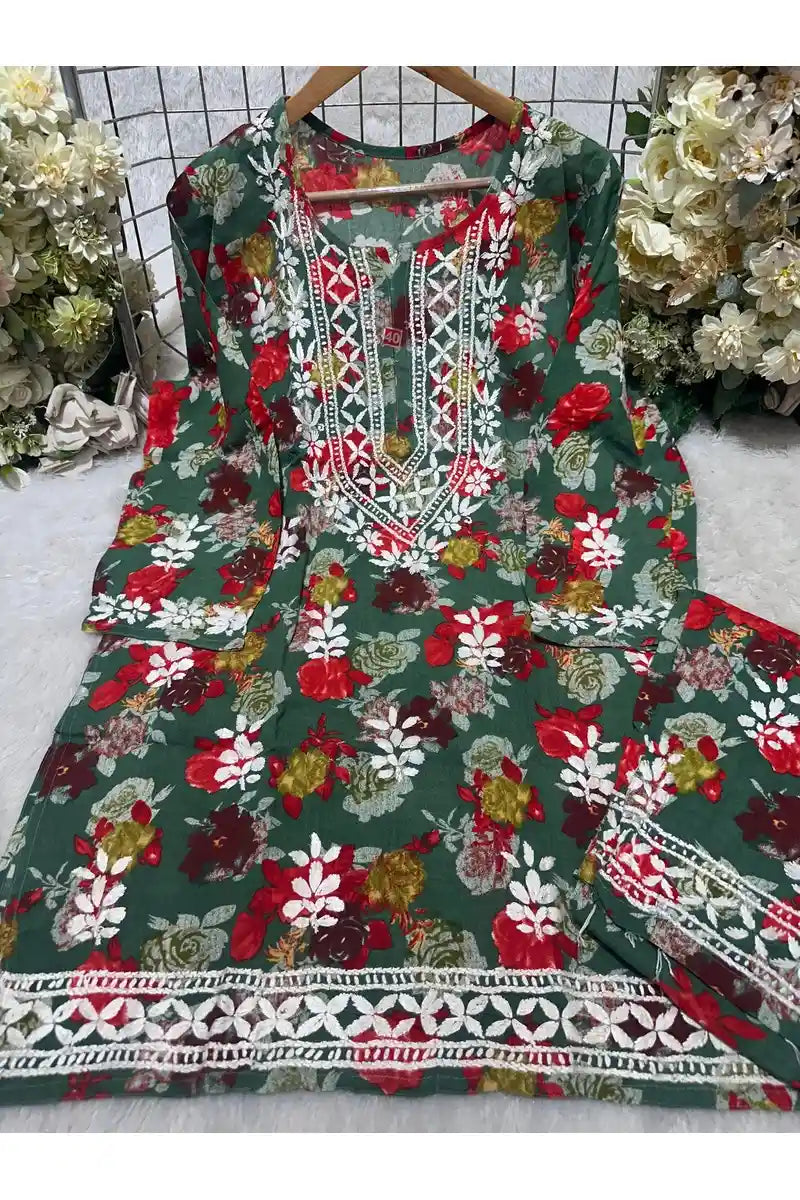 Rayon Floral Print Coord Set with Heavy Embroidery Work