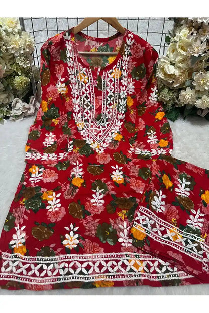 Rayon Floral Print Coord Set with Heavy Embroidery Work