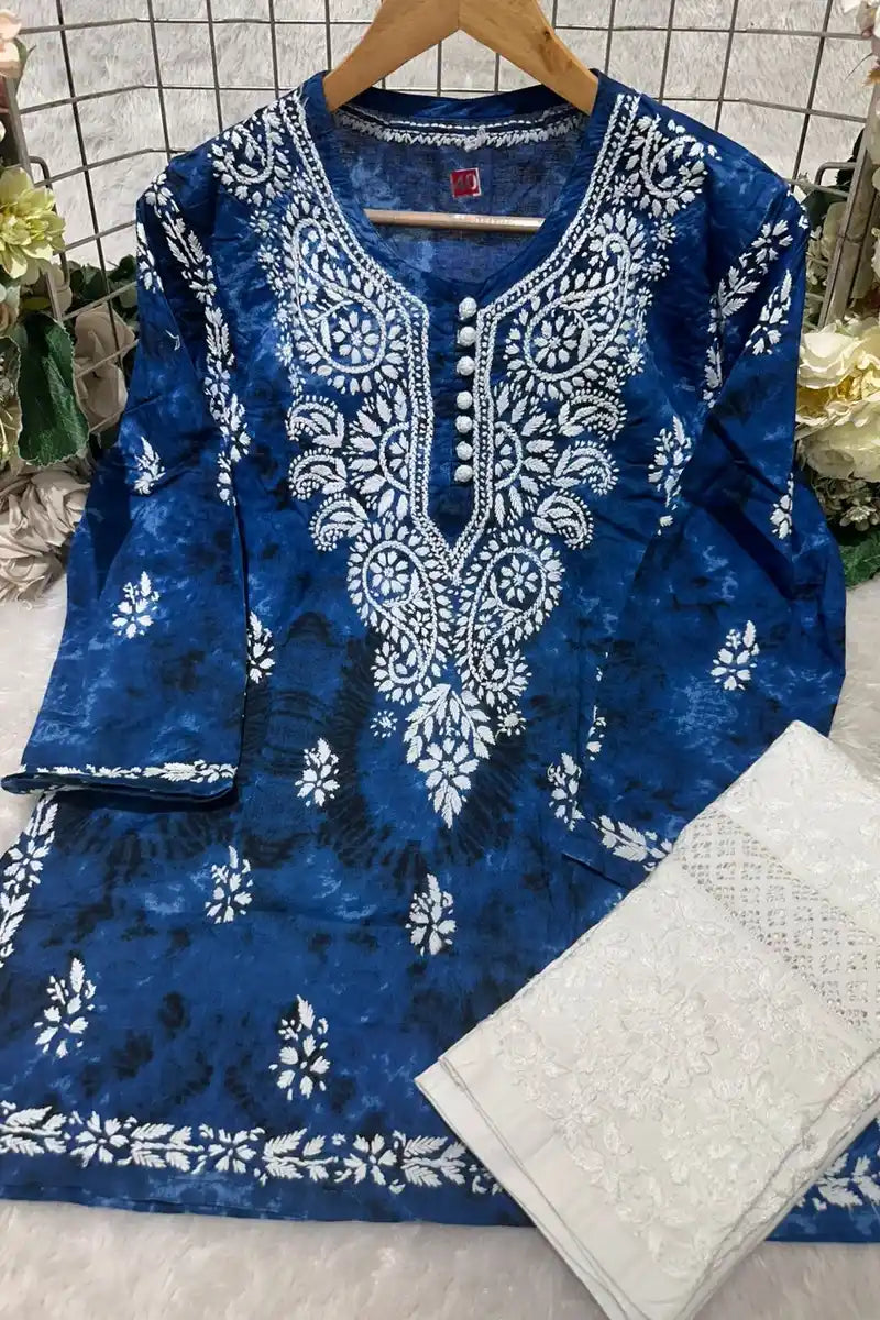 Royal Blue Denim Print Chikankari Kurti with Lace Pant Set