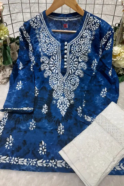 Royal Blue Denim Print Chikankari Kurti with Lace Pant Set