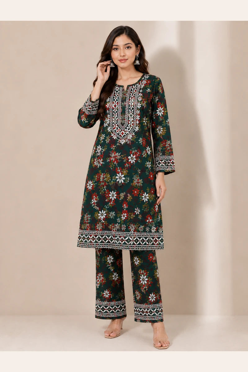 Rayon Floral Print Coord Set with Heavy Embroidery Work