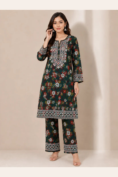 Rayon Floral Print Coord Set with Heavy Embroidery Work