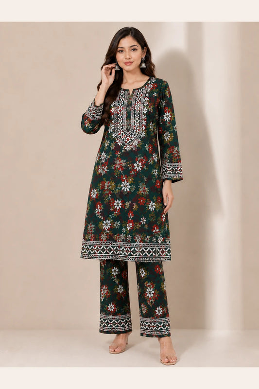 Rayon Floral Print Coord Set with Heavy Embroidery Work