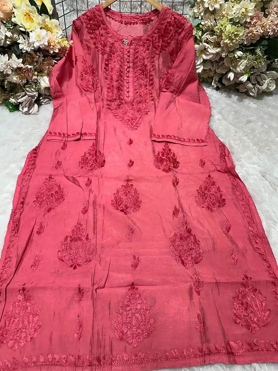 Rose Blush – Warm Pink Chanderi Kurti with Embroidered Highlights - Dniza Chikankari