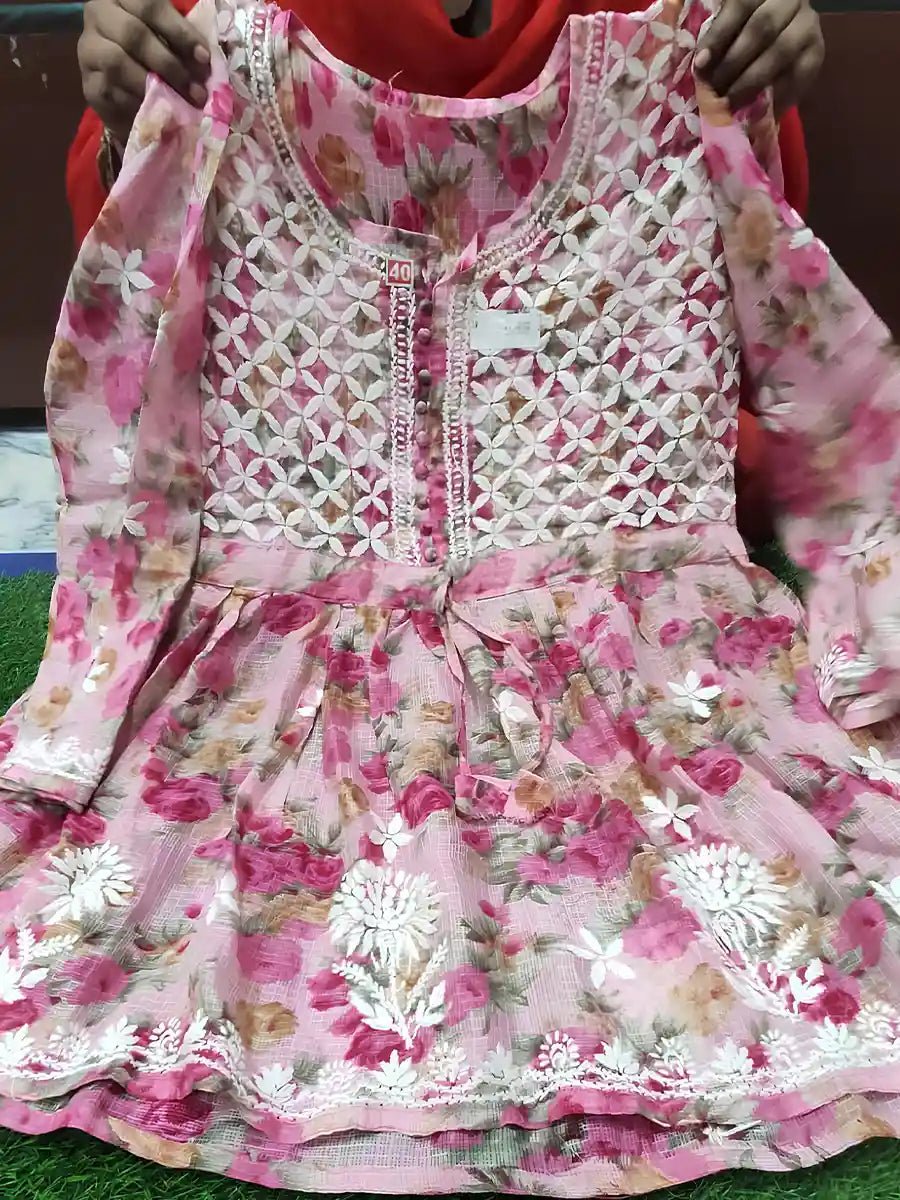 Rose Wine – Chikankari Floral Frock Kurti - Dniza Chikankari