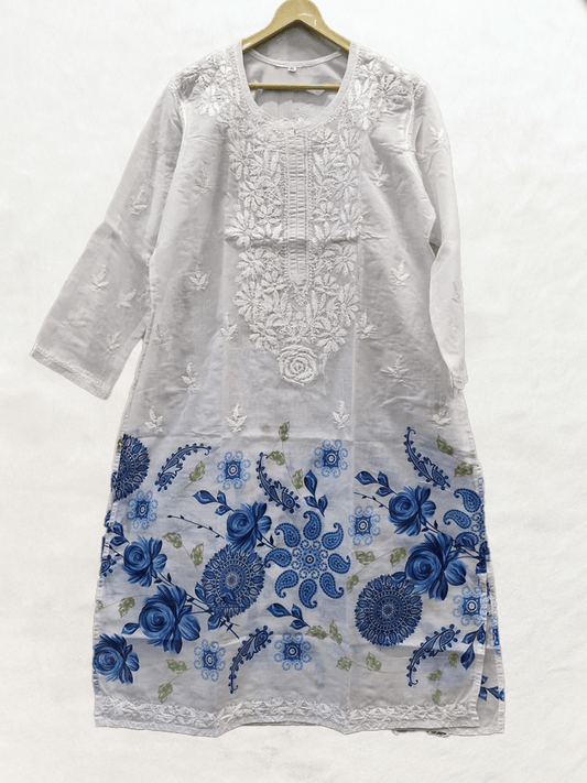 Royal Indigo – White Kurti with Blue Ornamental Floral Print - Dniza Chikankari