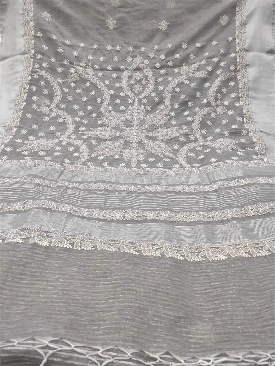 Moonlight Grey – Elegant Steel Grey Chanderi Saree with Hand Chikankari
