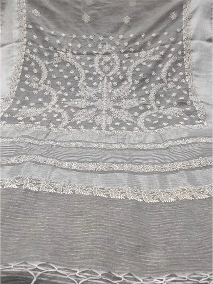 Moonlight Grey – Elegant Steel Grey Chanderi Saree with Hand Chikankari