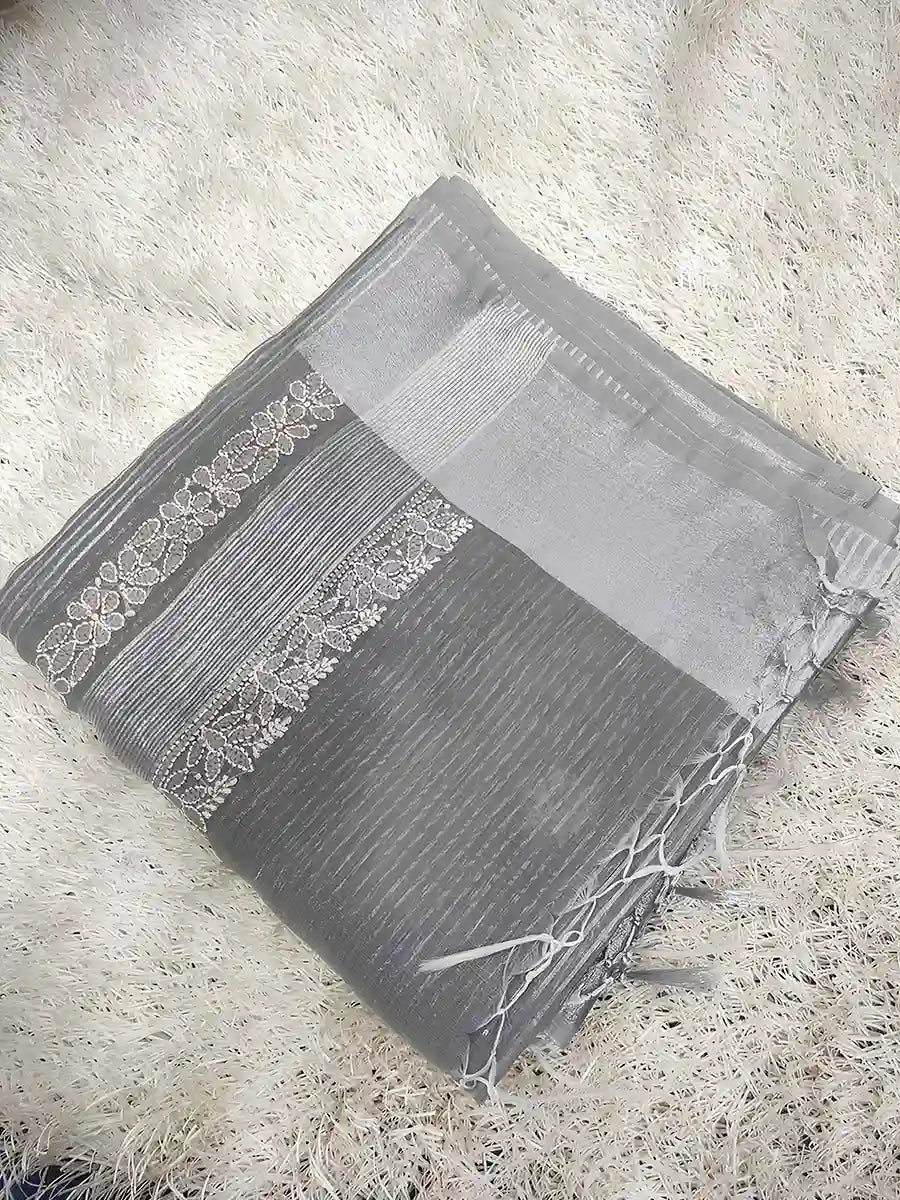Moonlight Grey – Elegant Steel Grey Chanderi Saree with Hand Chikankari
