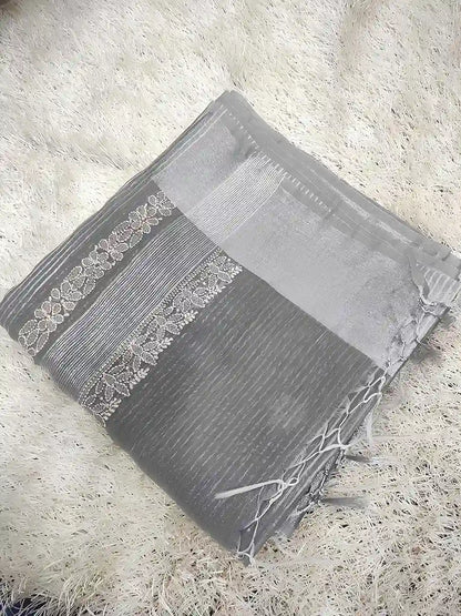 Moonlight Grey – Elegant Steel Grey Chanderi Saree with Hand Chikankari