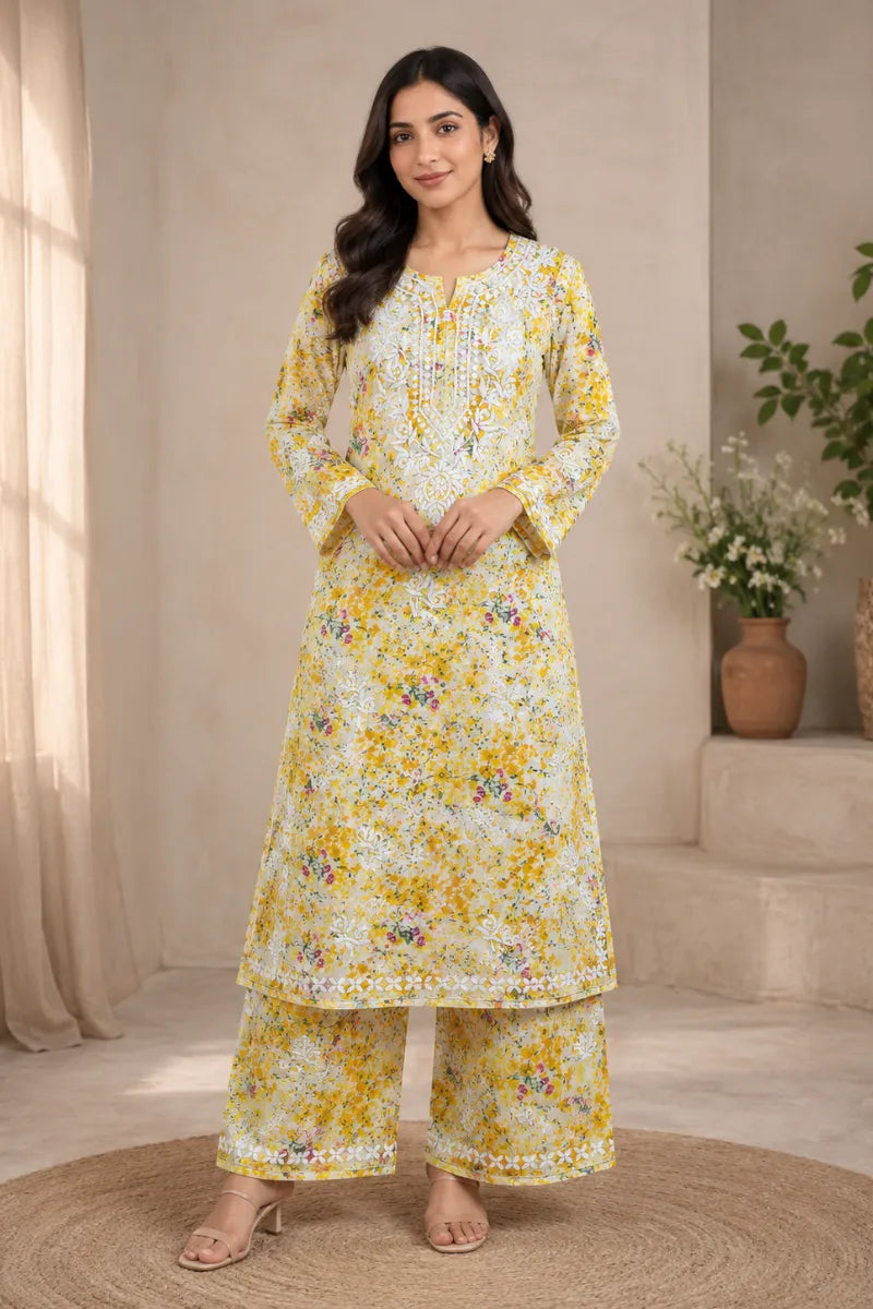 Gulnaar Floral Chikankari Mul Mul Kurti Palazzo Set