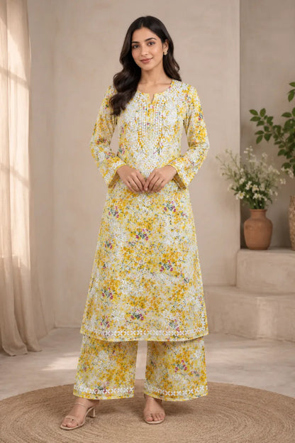Gulnaar Floral Chikankari Mul Mul Kurti Palazzo Set