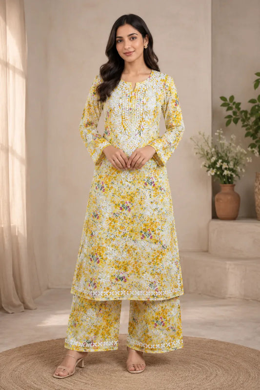 Gulnaar Floral Chikankari Mul Mul Kurti Palazzo Set