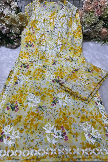 Gulnaar Floral Chikankari Mul Mul Kurti Palazzo Set
