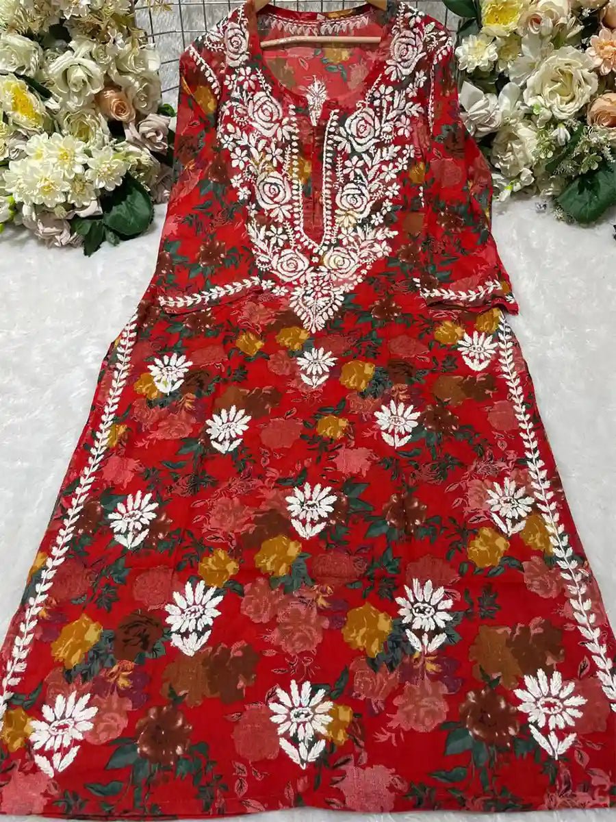 Scarlet Bloom – Red Printed Mulmul Kurti with White Chikankari Detailing - Dniza Chikankari