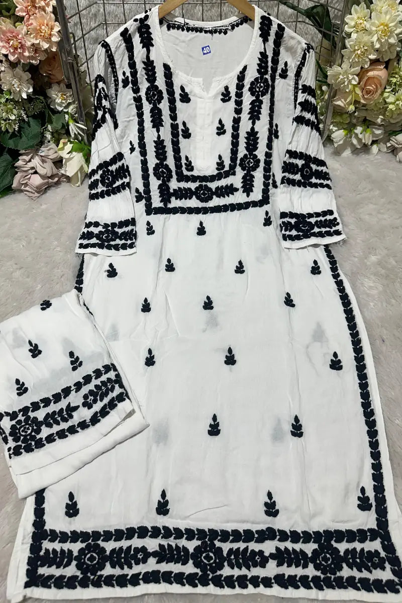 Elegant White Rayon Set with Black Chikankari Threadwork