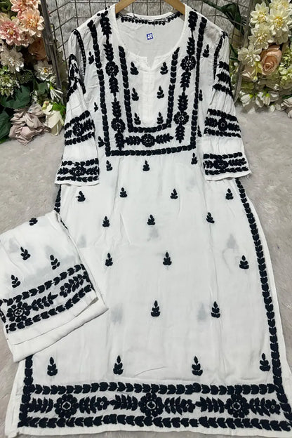Elegant White Rayon Set with Black Chikankari Threadwork