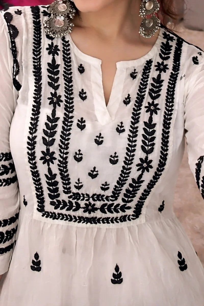 Elegant White Rayon Set with Black Chikankari Threadwork