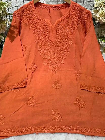 Red Bloom – Short Rayon Chikankari Kurti