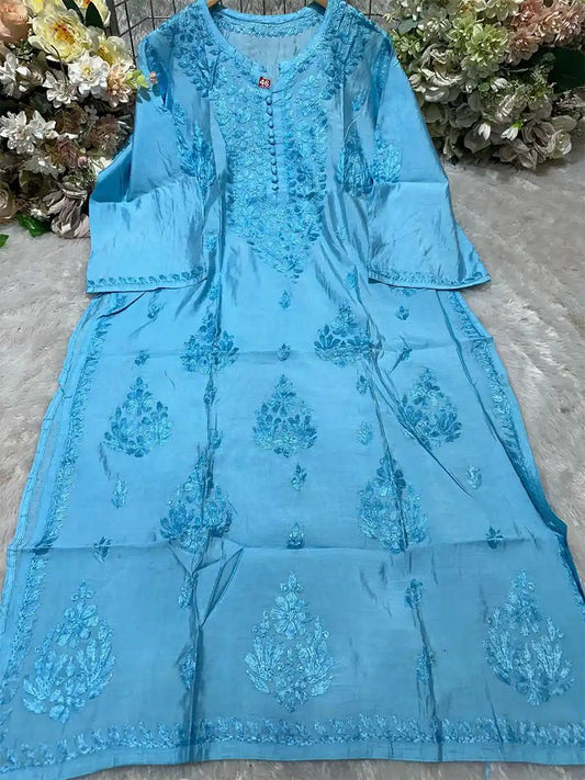 Sky Mist – Light Blue Chanderi Kurti with Tonal Embroidery - Dniza Chikankari