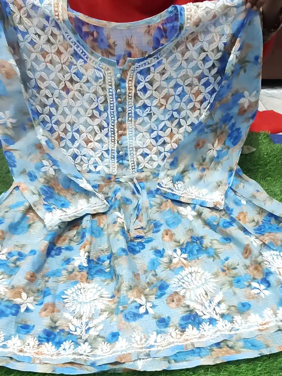 Sky Petals – Light Blue Printed Frock Kurti - Dniza Chikankari