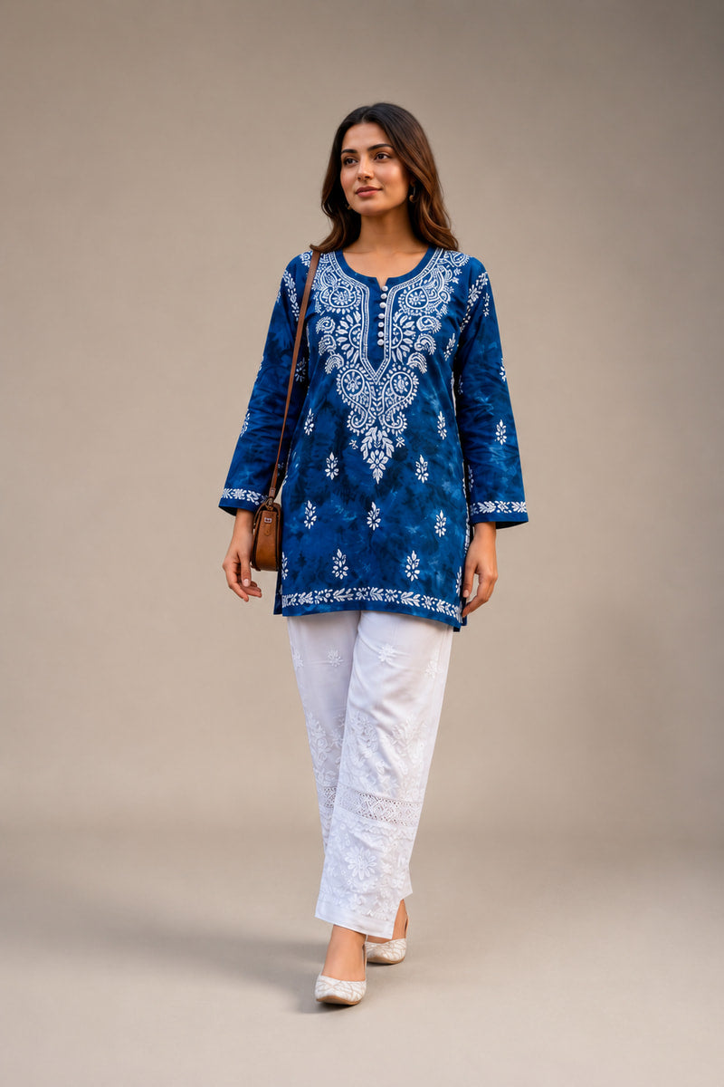 Royal Blue Denim Print Chikankari Kurti with Lace Pant Set