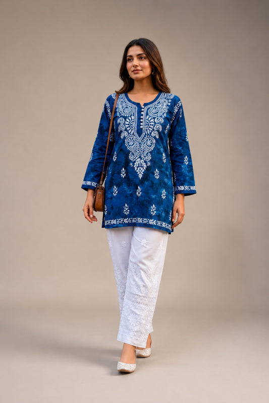 Royal Blue Denim Print Chikankari Kurti with Lace Pant Set