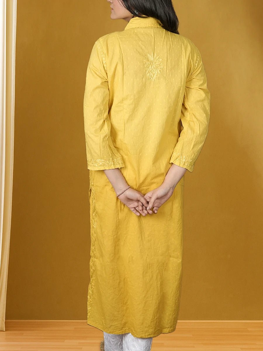 Stylish Collar Neck Yellow Kurti for Daily Wear - Dniza Chikankari