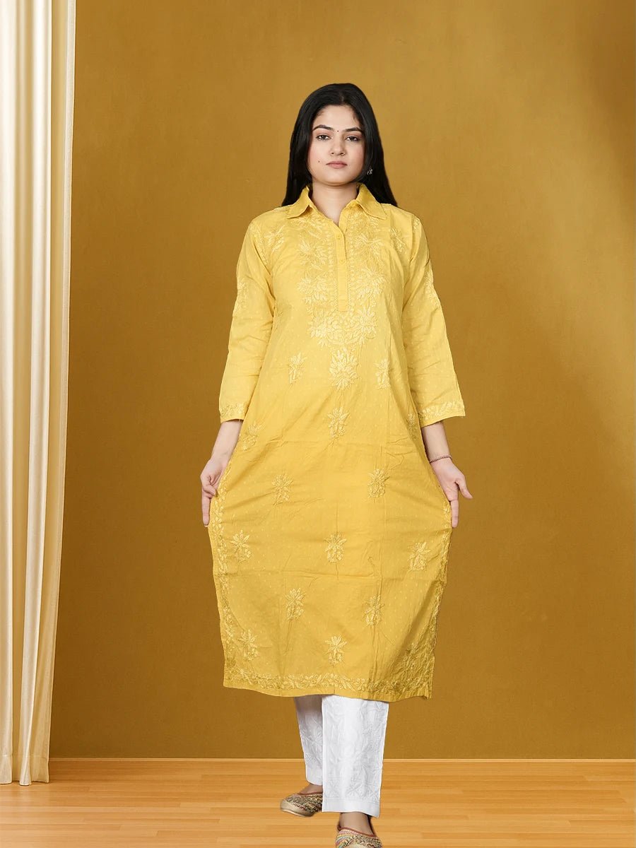 Stylish Collar Neck Yellow Kurti for Daily Wear - Dniza Chikankari
