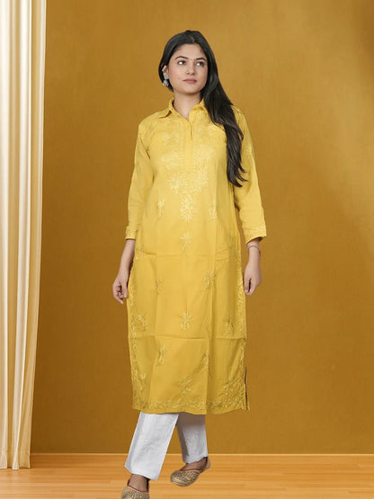 Stylish Collar Neck Yellow Kurti for Daily Wear - Dniza Chikankari