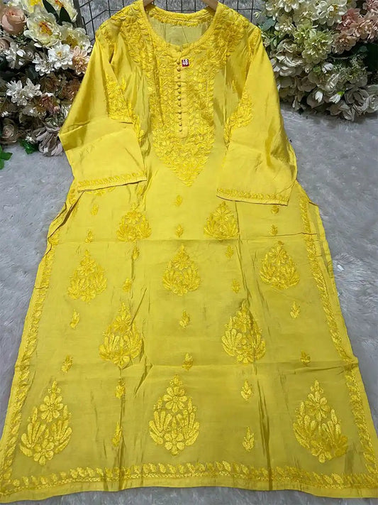 Sunshine Bloom – Yellow Chanderi Kurti with Radiant Embroidery - Dniza Chikankari