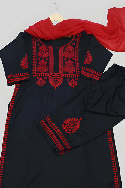 Black Soft Cotton Chikankari Palazzo Set – Red Ghaas Patti Work