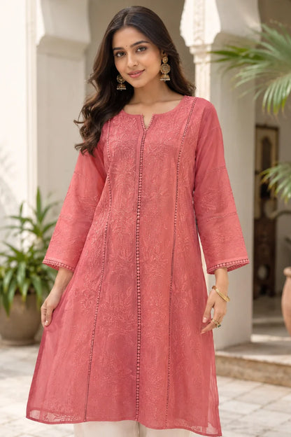 Dniza Dusty Rose Pink Soft Maslin Chikankari Kurti