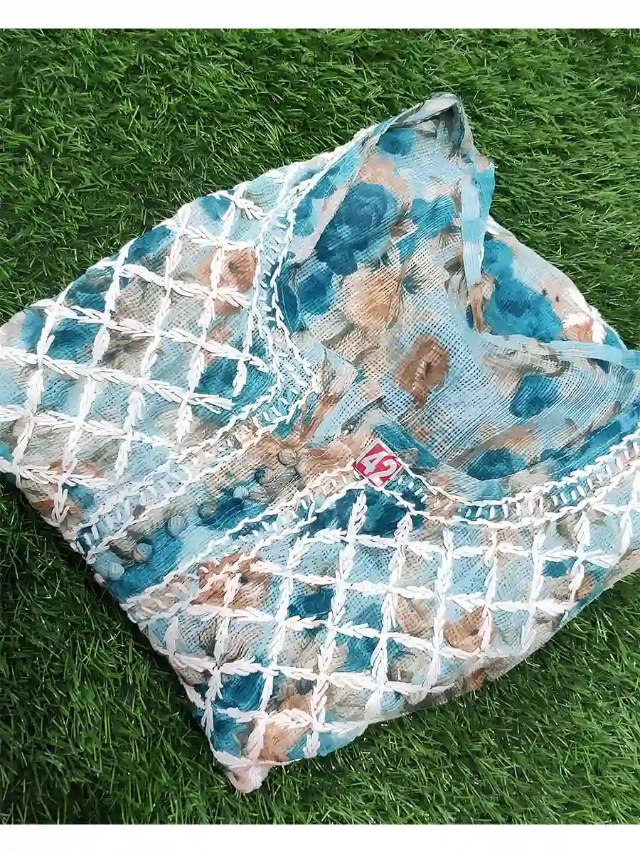 Turquoise Meadow – Breezy Kota Kurti with White Threadwork - Dniza Chikankari