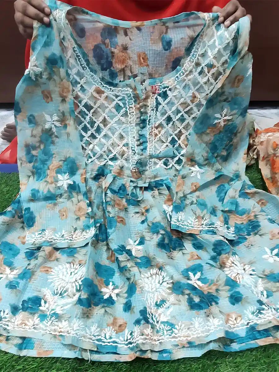 Turquoise Meadow – Breezy Kota Kurti with White Threadwork - Dniza Chikankari