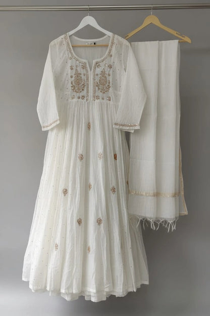 Off-White Mal Chanderi Party Wear Gown with Full Mukesh Work (Dyeable)