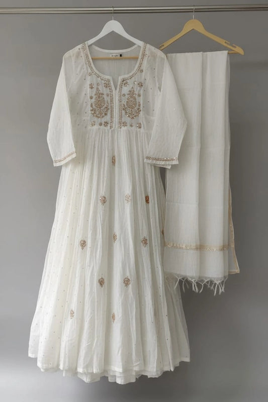 Off-White Mal Chanderi Party Wear Gown with Full Mukesh Work (Dyeable)