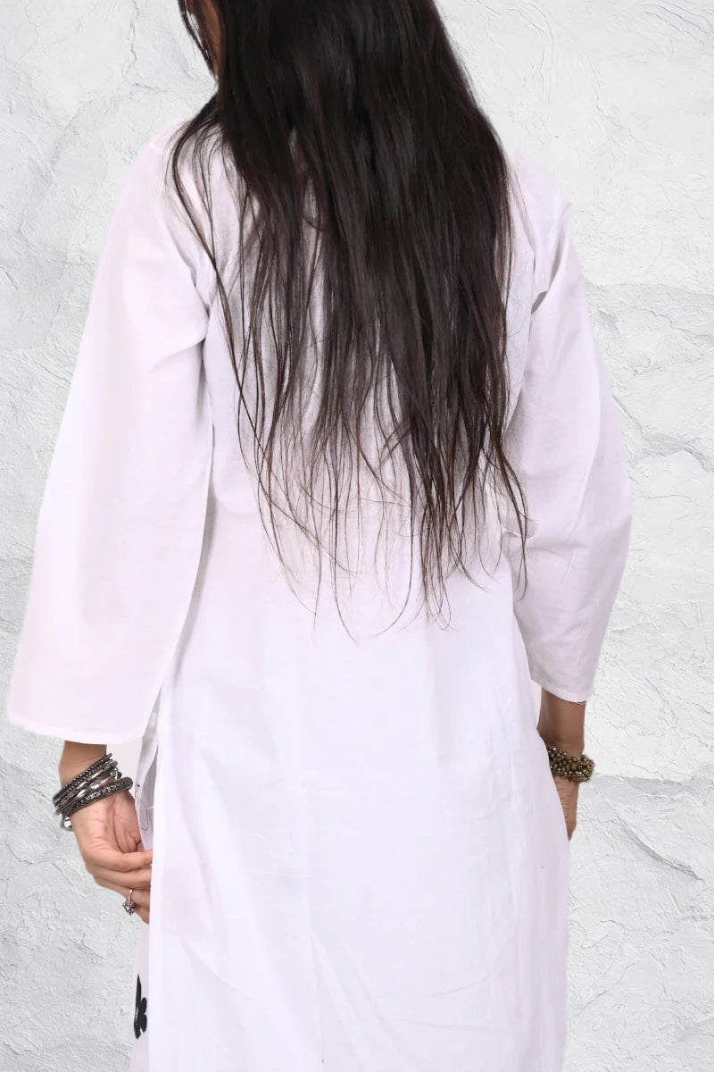 white rayon kurti with black thread computer embroidery