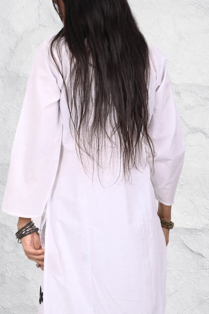 white rayon kurti with black thread computer embroidery